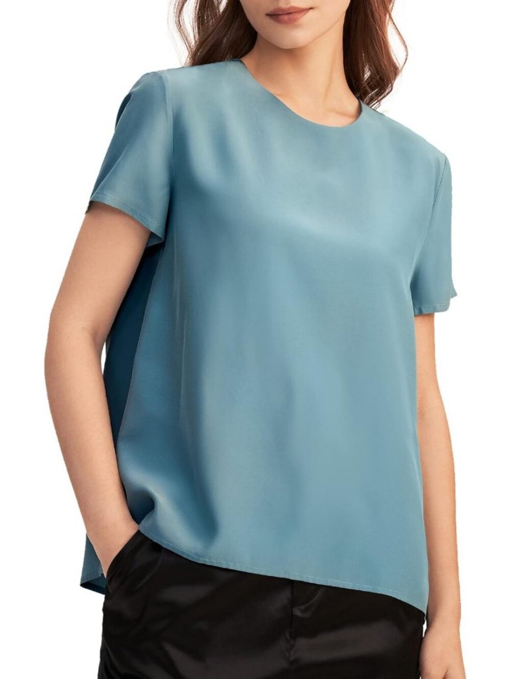 Elegant 100% Mulberry Silk Blouse for Women - Short Sleeve, Button Closure, Slit